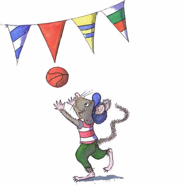 Maus wirft Basketball über Fähnchen