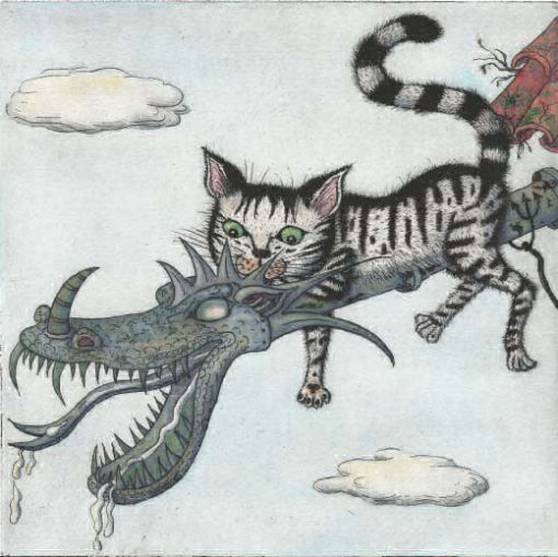 Kater geniesst Aussicht von Drachen-Wasserspeier aus