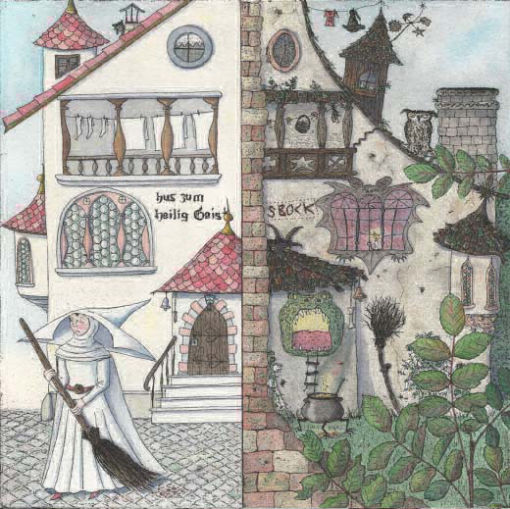 Das Haus der Frau Fromm/Hexe, vorne weiss, hinten unheimlich