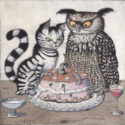 Kater und Eule mit Kuchen voller Mäuse, Vögel und Fische